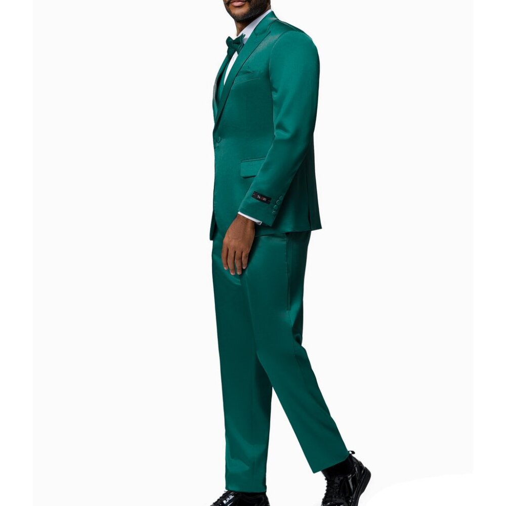 Green Satin Textured Peak Lapel 3 Piece Skinny Fit Tazzio Men's Suit